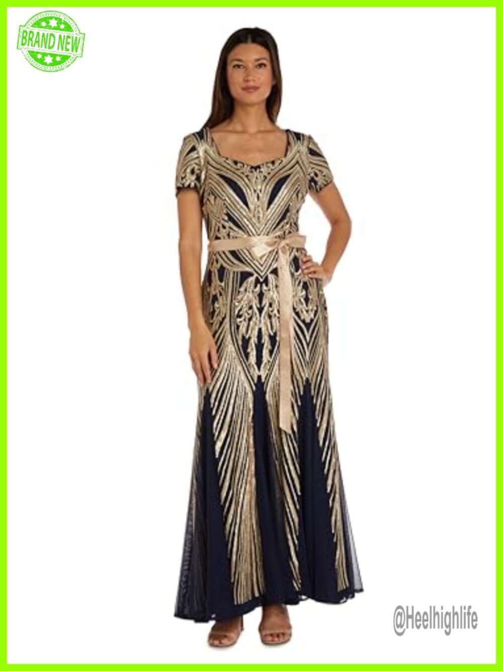 Long Sweetheart Neck Sequin Godet Dress with Satin Sash